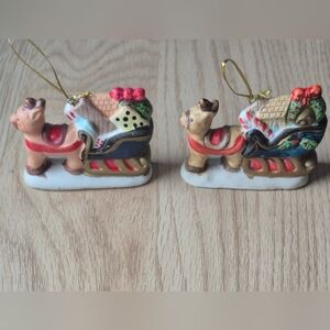 Vintage Ceramic Santa Sleigh Reindeer Christmas Ornaments   Lot 2 Pcs.